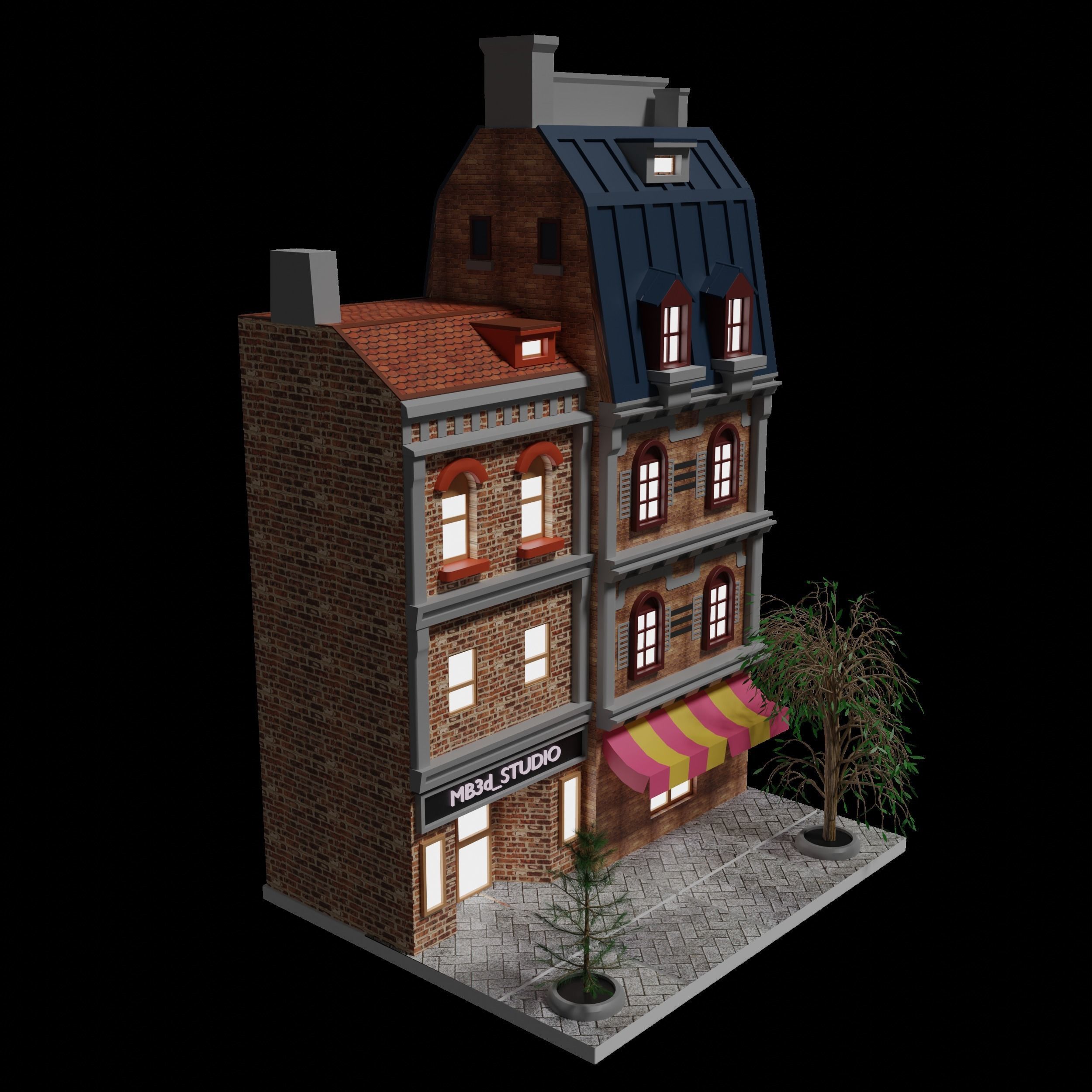 Buildings brick building with awning Low-poly 3D model_1