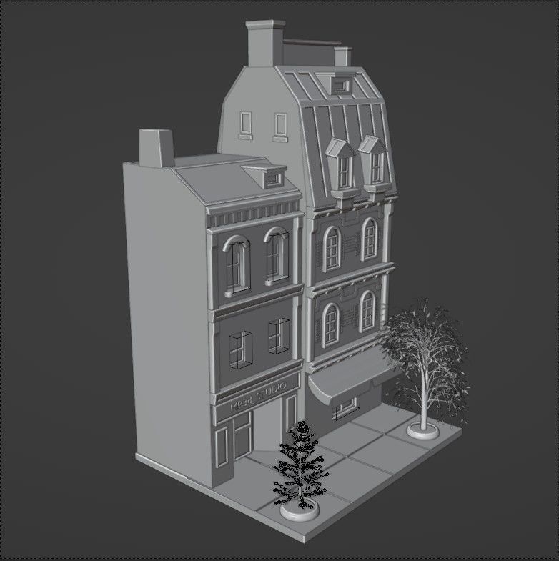 Buildings brick building with awning Low-poly 3D model_2