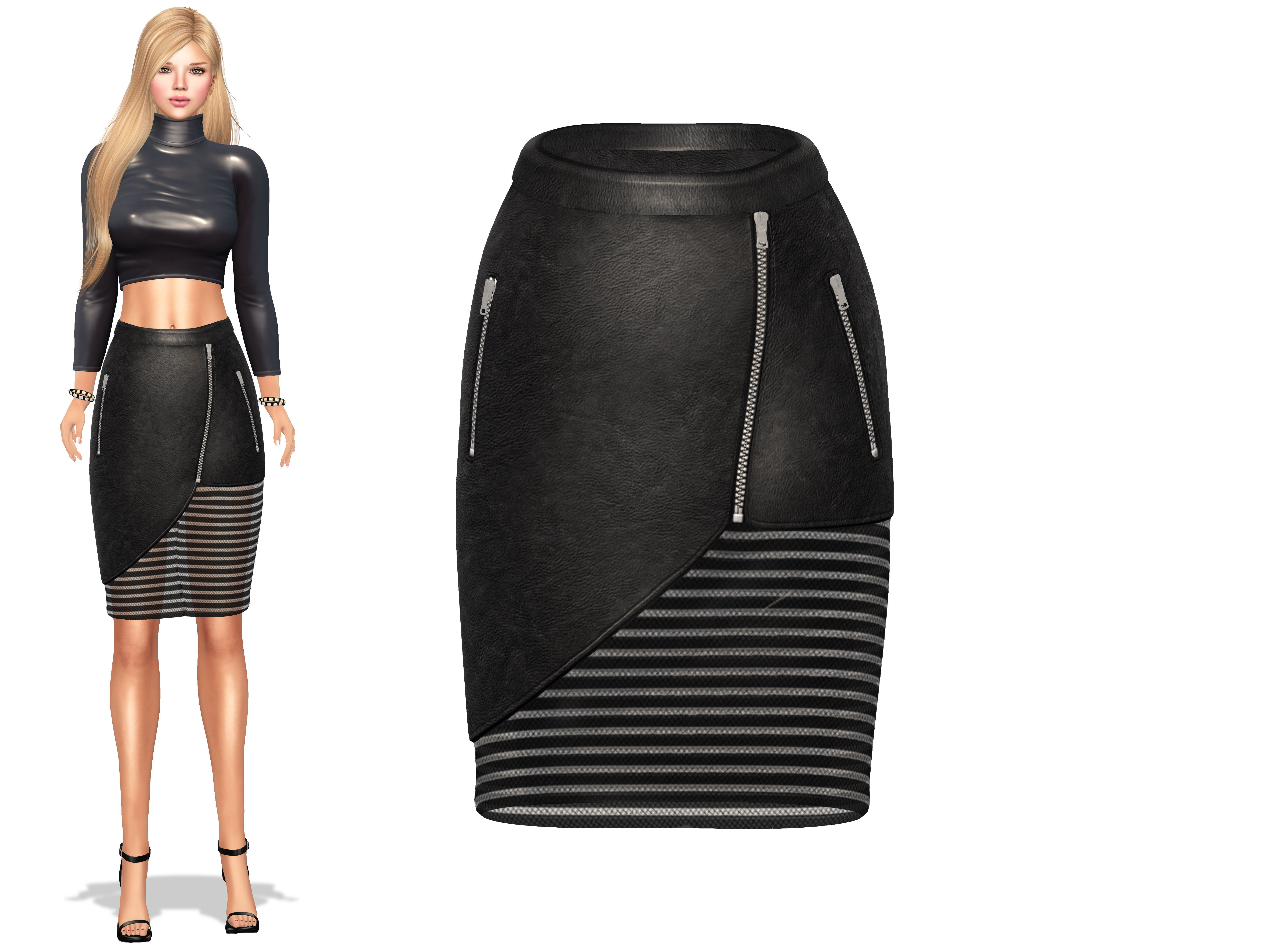 Black Knee Length Leather Skirt Low-poly 3D model_2