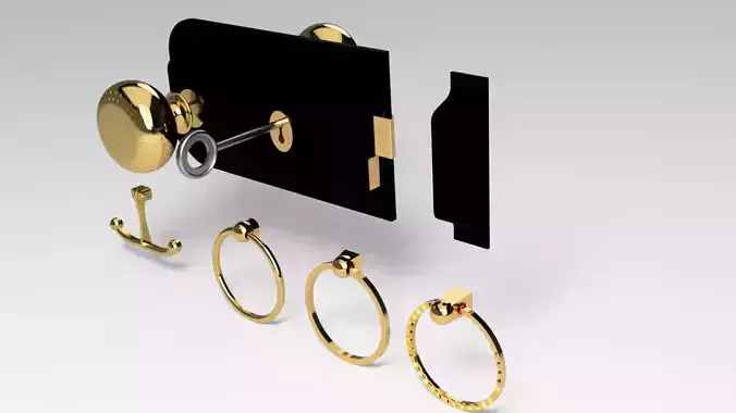 Vintage Internal Door Handle And Lock  and pull rings 3D model