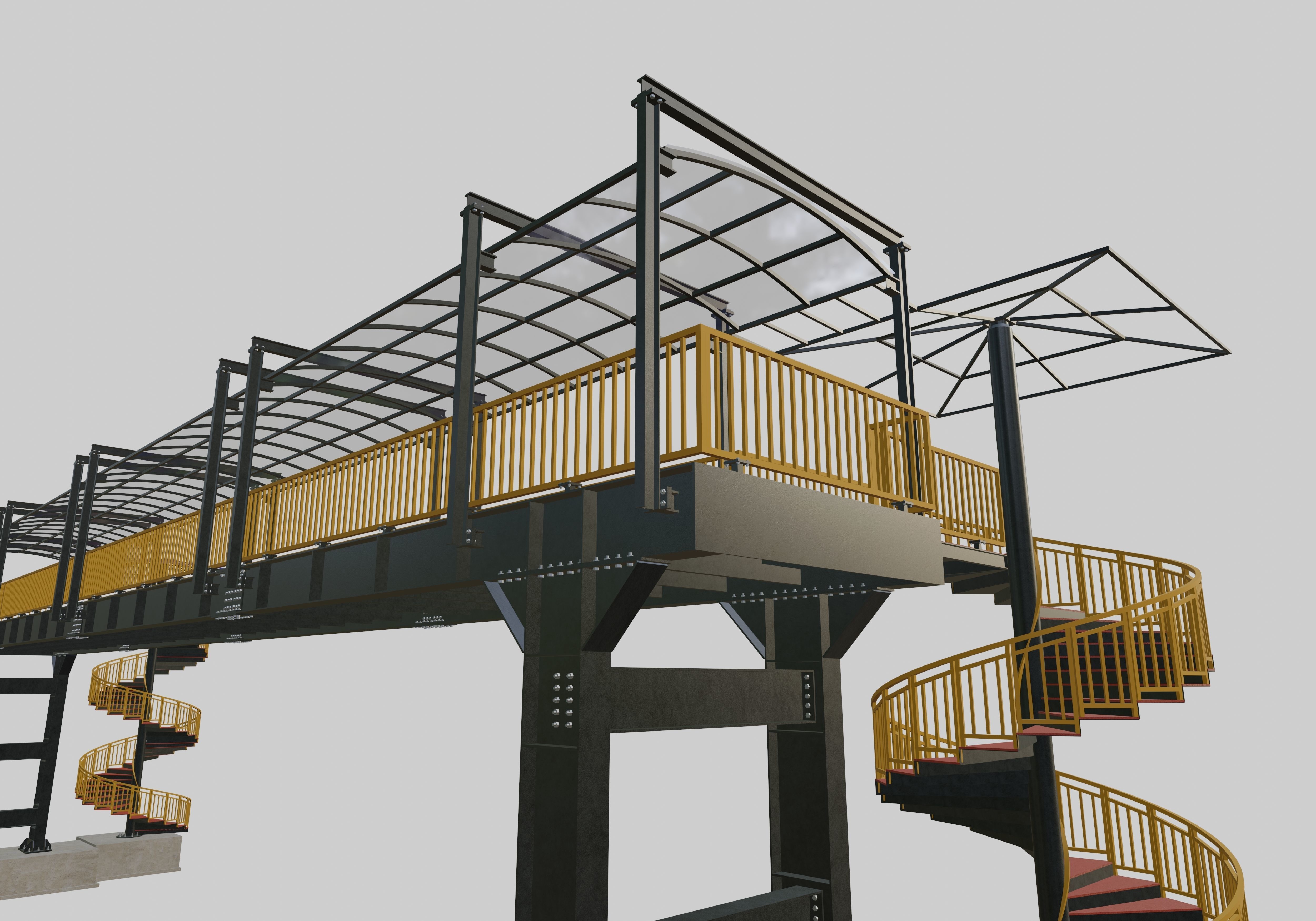 Steel Pedestrian Bridge - Spiral Stair - Straight Type-13 3D model_3