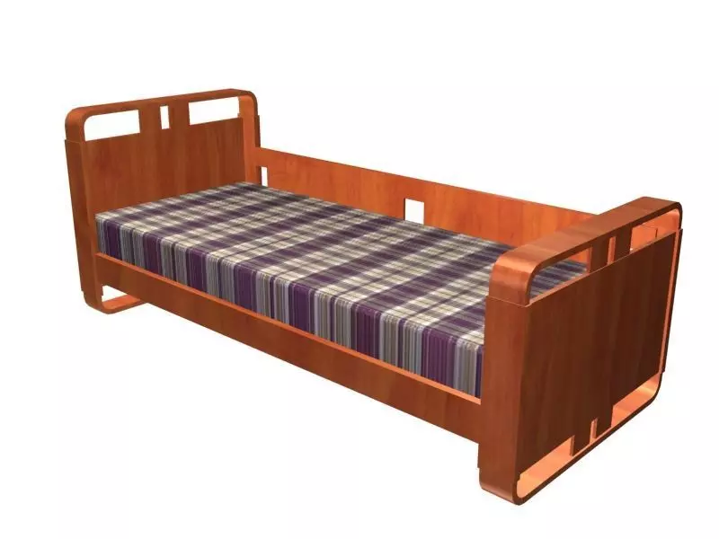 Bed model wooden with plaid sheet Free 3D model