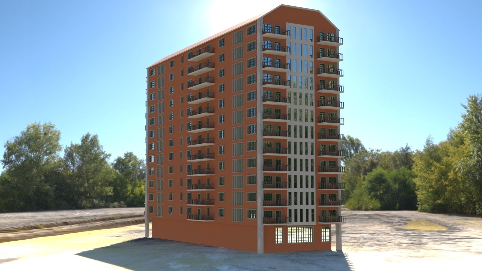 Building 3D model apartment in middle of field Low-poly 3D model_21