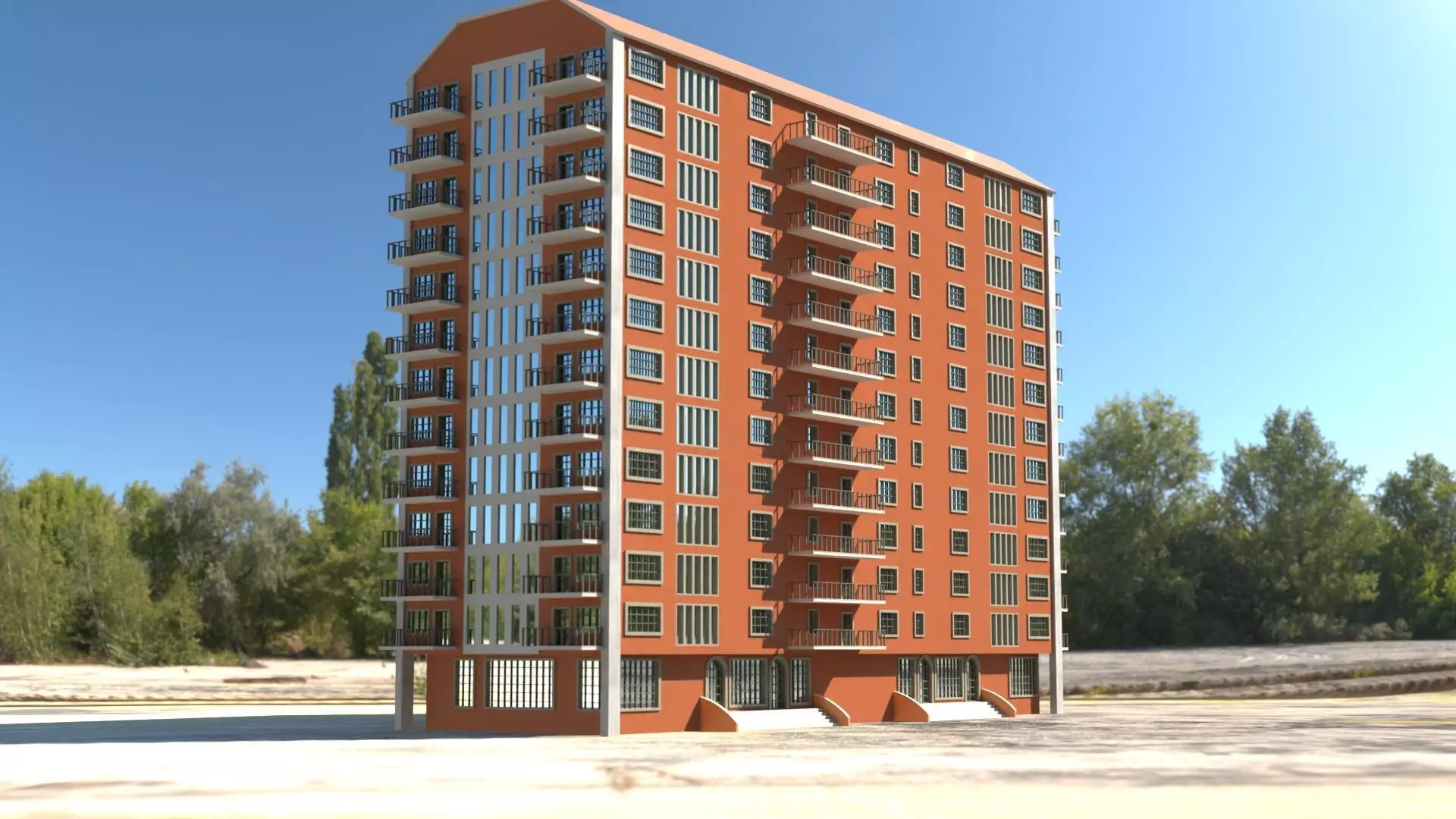 Building 3D model apartment in middle of field Low-poly 3D model_0