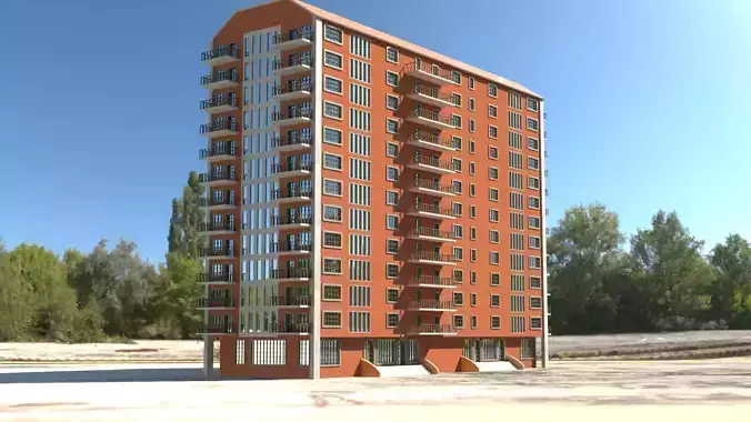 Building 3D model apartment in middle of field Low-poly 3D model