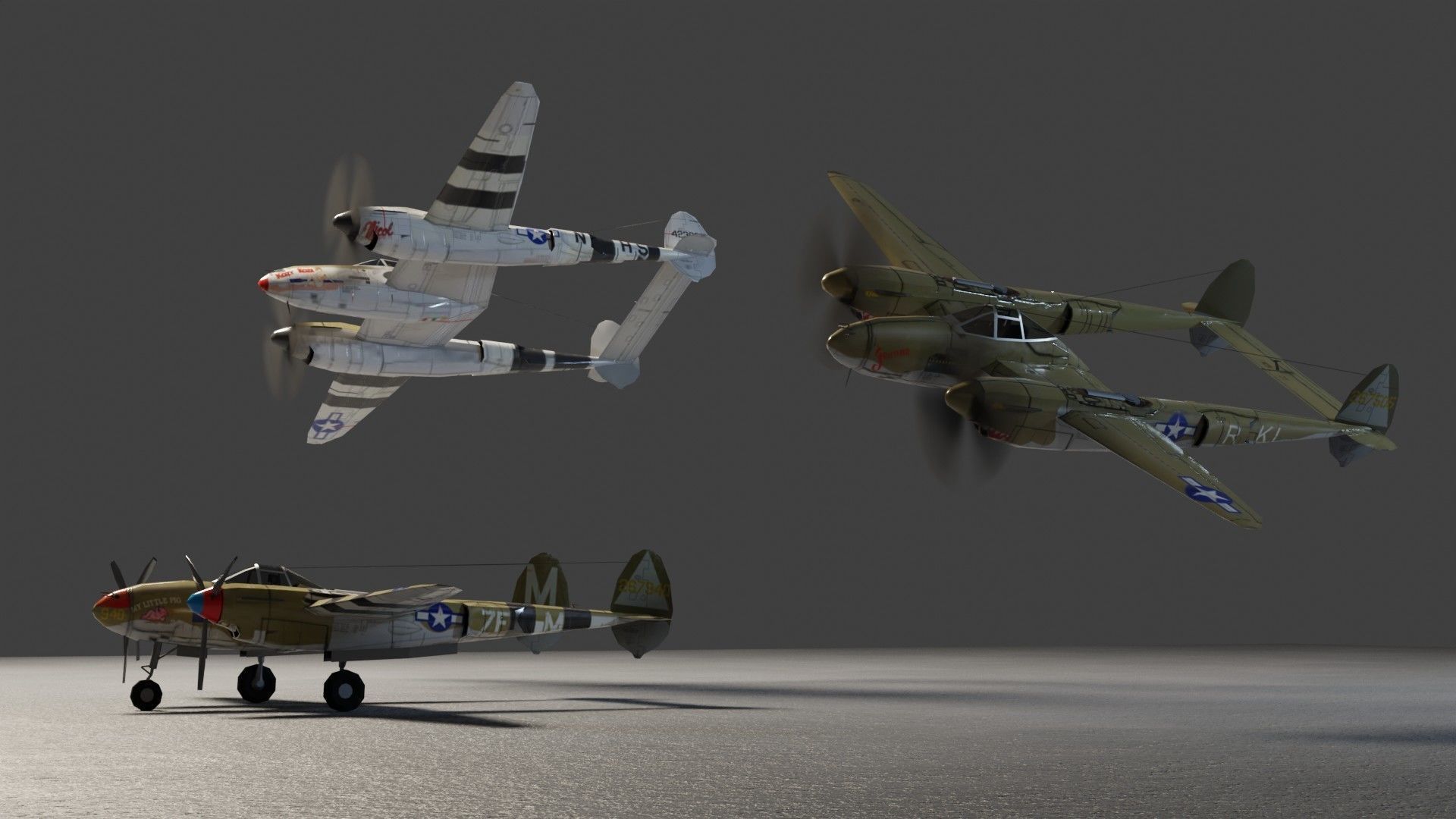 Lockheed P-38 Lightning WW2 fighter Low-poly 3D model_3