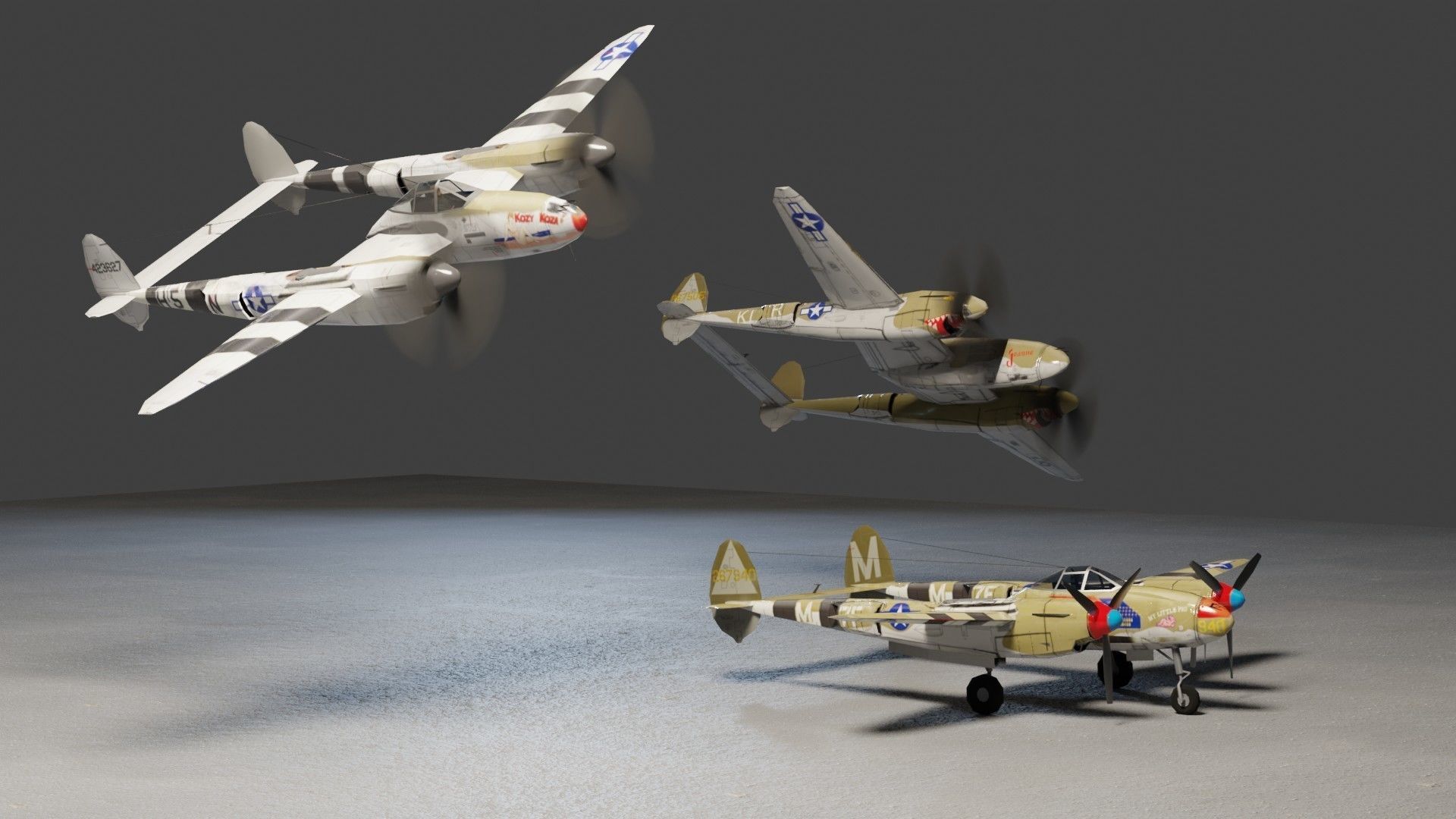 Lockheed P-38 Lightning WW2 fighter Low-poly 3D model_4