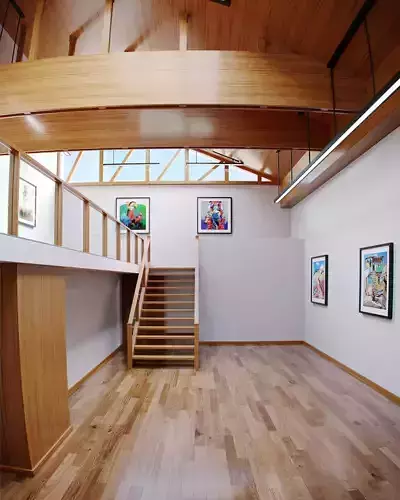 Gallery empty room with wooden floors and staircase 3D model