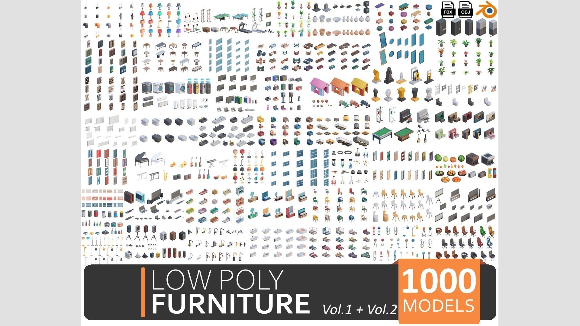 Low Poly Furniture - 1000 models collection interior Vol1-Vol2 Low-poly 3D model_0