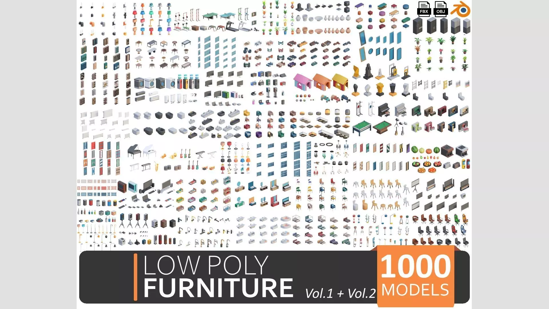Low Poly Furniture - 1000 models collection interior Vol1-Vol2 Low-poly 3D model_0