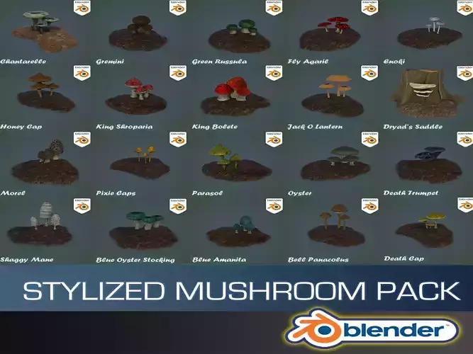 Stylized Mushrooms Pack Blender 20 x Environment Mushrooms