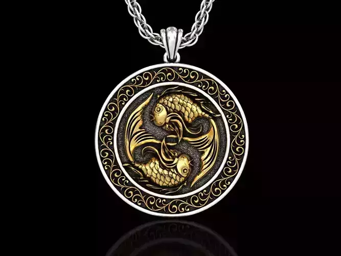 The Pisces Zodiac Sign Fishes Medallion Pendant v2 3D print model