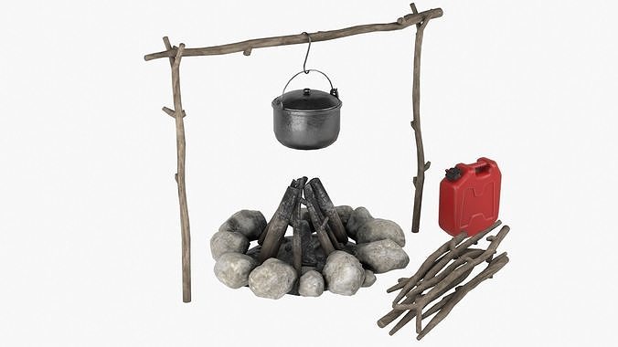 Campfire fire pit with pots and pans Low-poly 3D model