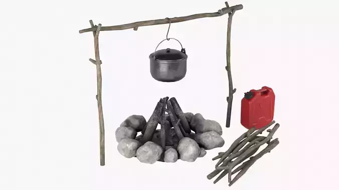 Campfire fire pit with pots and pans Low-poly 3D model