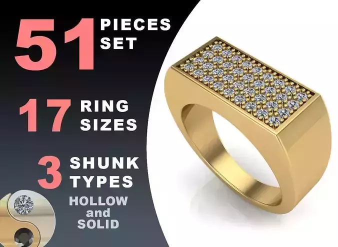 Signet rings set RECTANGLE top 3D print model