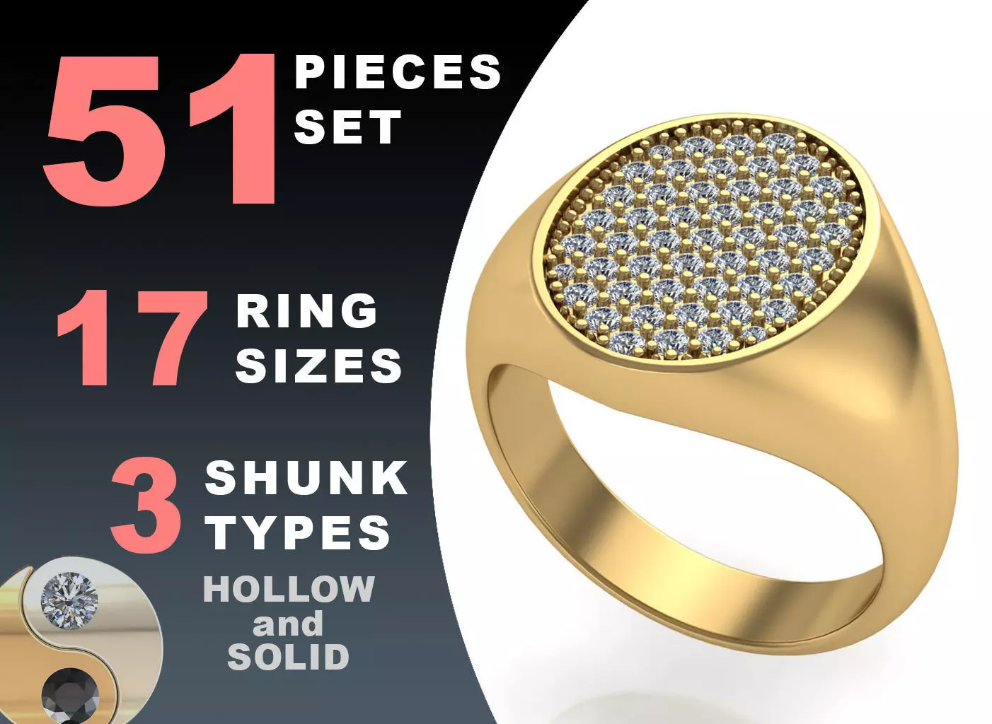 Signet rings set ELLIPSE top 3D print model_0