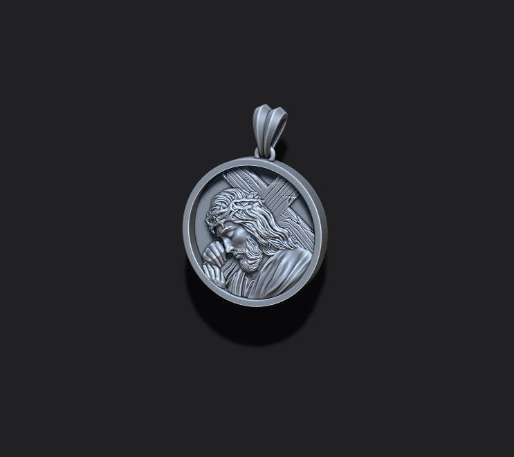 Jesus with cross round pendant 3D print model_7
