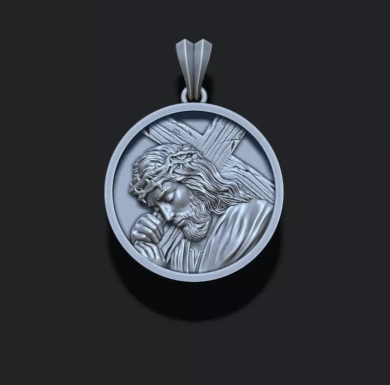 Jesus with cross round pendant 3D print model_0