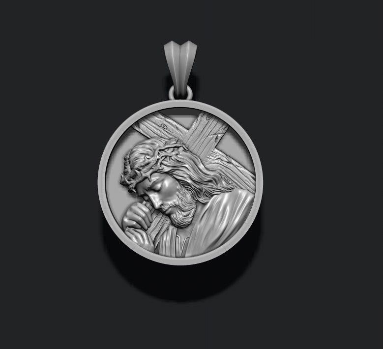 Jesus with cross round pendant 3D print model_2