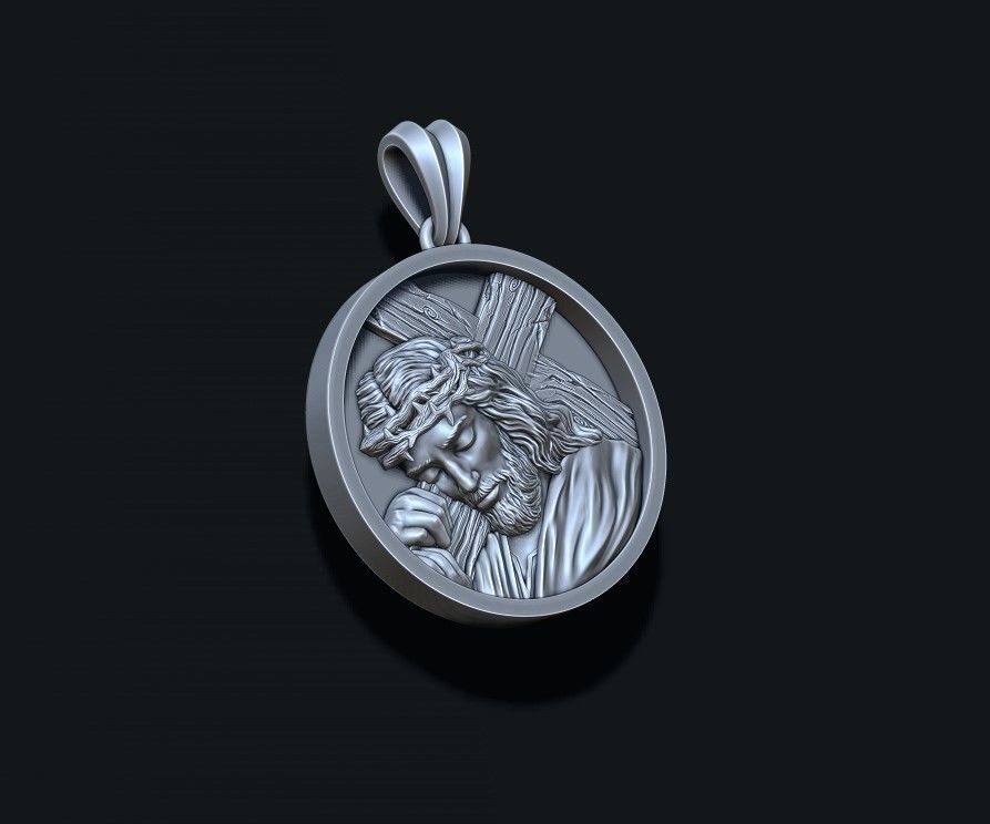 Jesus with cross round pendant 3D print model_3