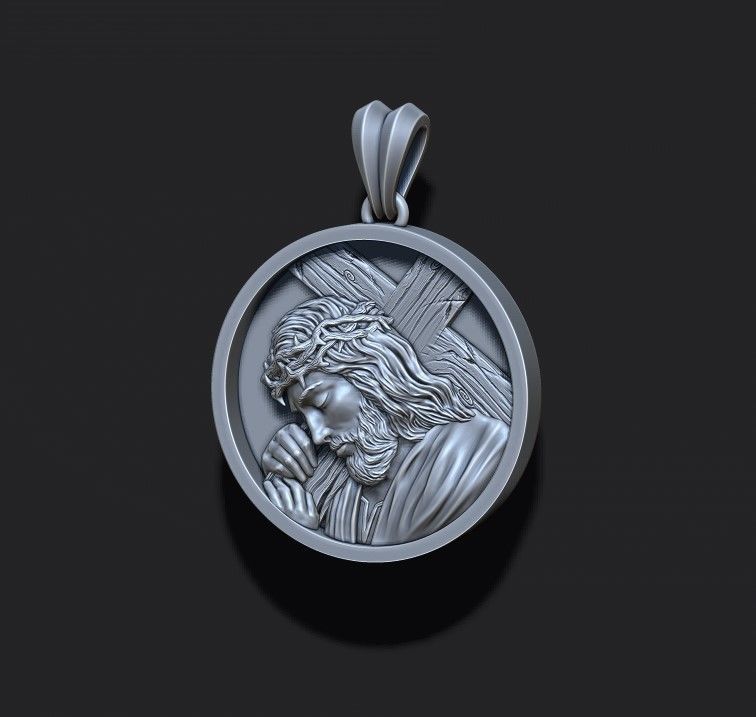 Jesus with cross round pendant 3D print model_4