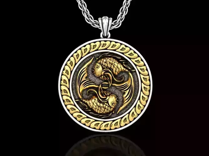 The Pisces Zodiac Sign Fishes Medallion Pendant v3 3D print model