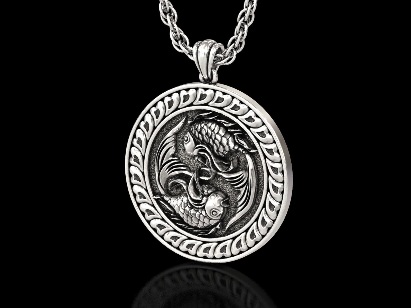 The Pisces Zodiac Sign Fishes Medallion Pendant v3 3D print model_10