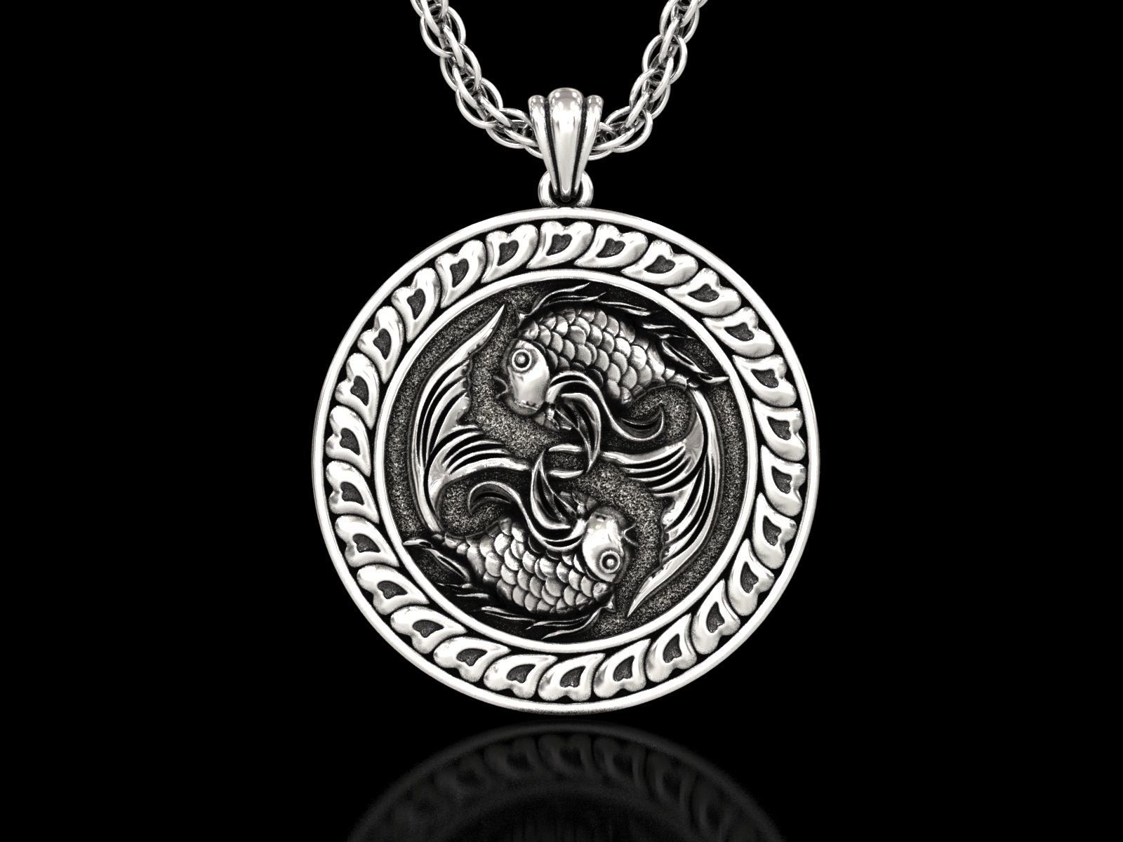 The Pisces Zodiac Sign Fishes Medallion Pendant v3 3D print model_2