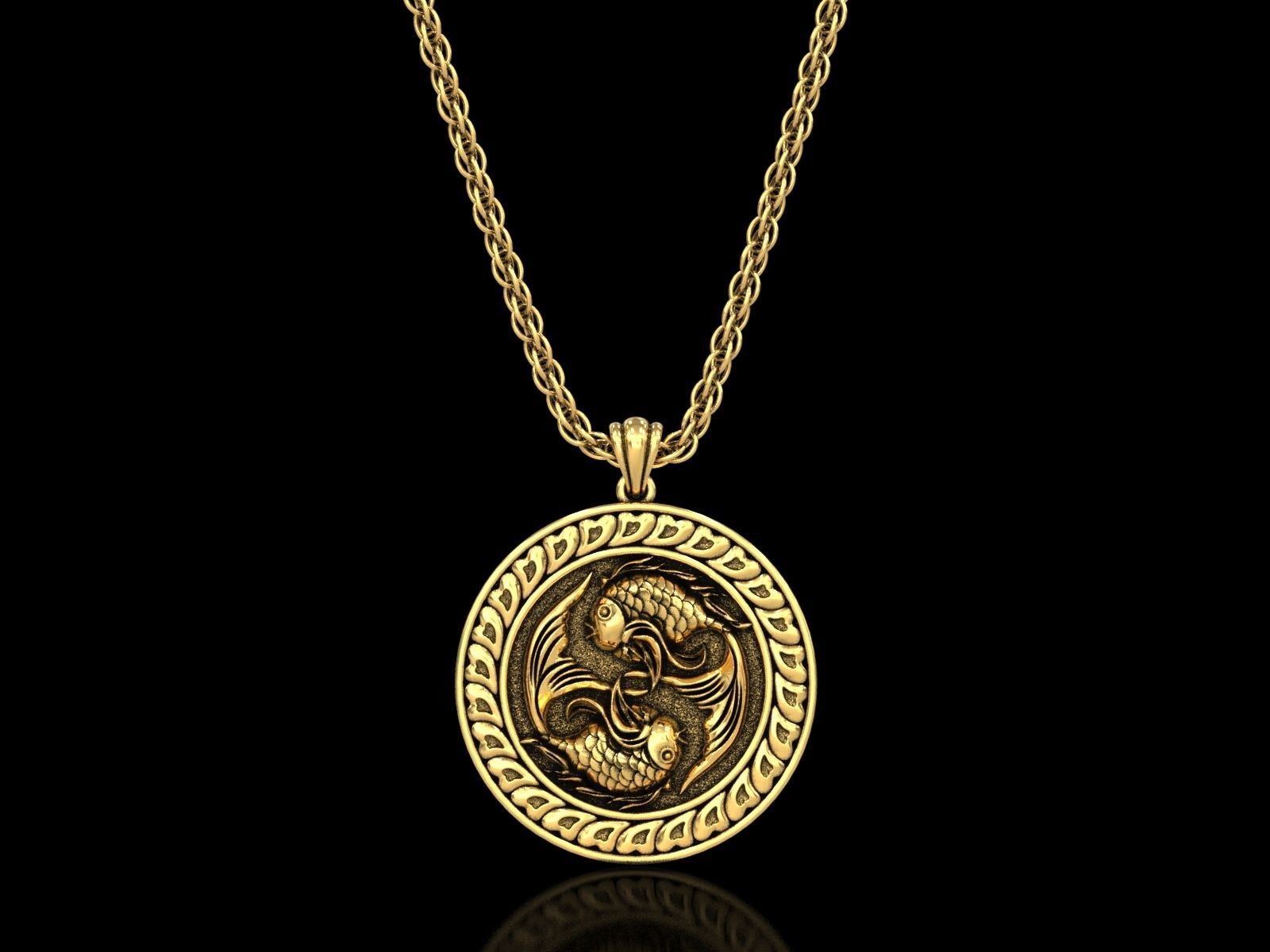 The Pisces Zodiac Sign Fishes Medallion Pendant v3 3D print model_15