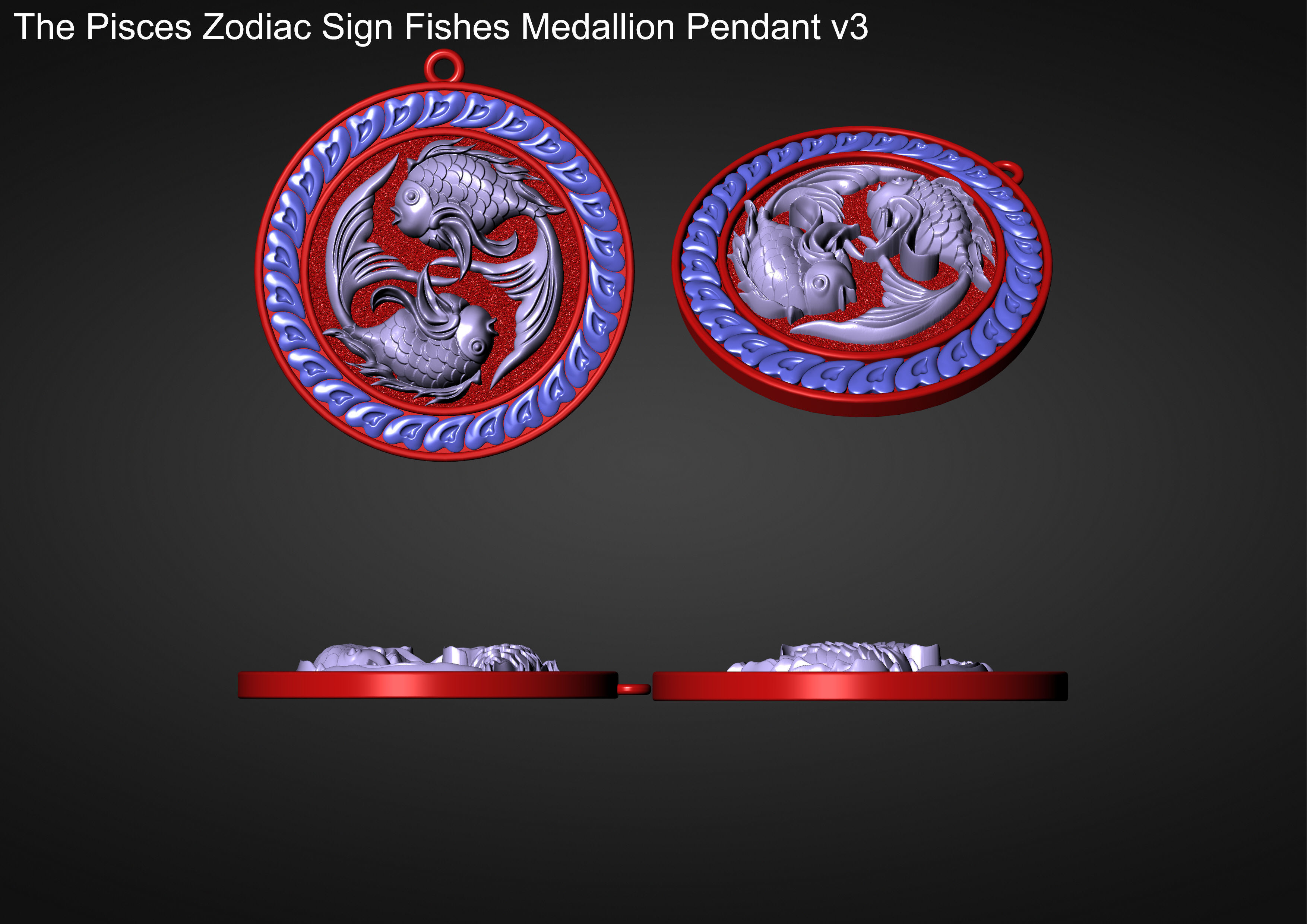 The Pisces Zodiac Sign Fishes Medallion Pendant v3 3D print model_17