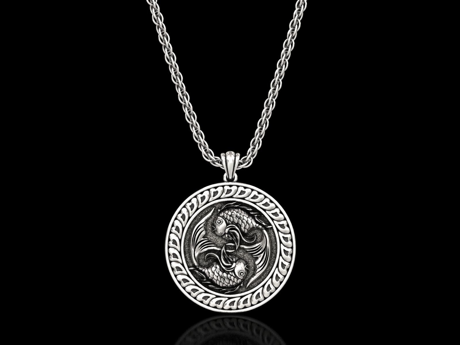 The Pisces Zodiac Sign Fishes Medallion Pendant v3 3D print model_9