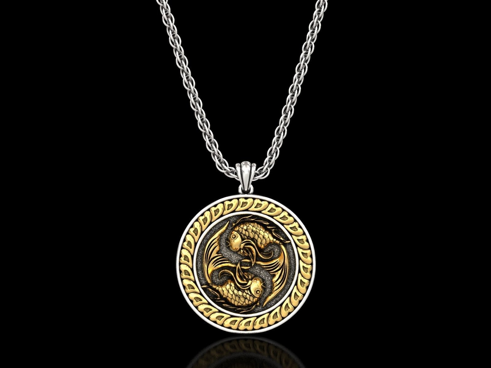 The Pisces Zodiac Sign Fishes Medallion Pendant v3 3D print model_5