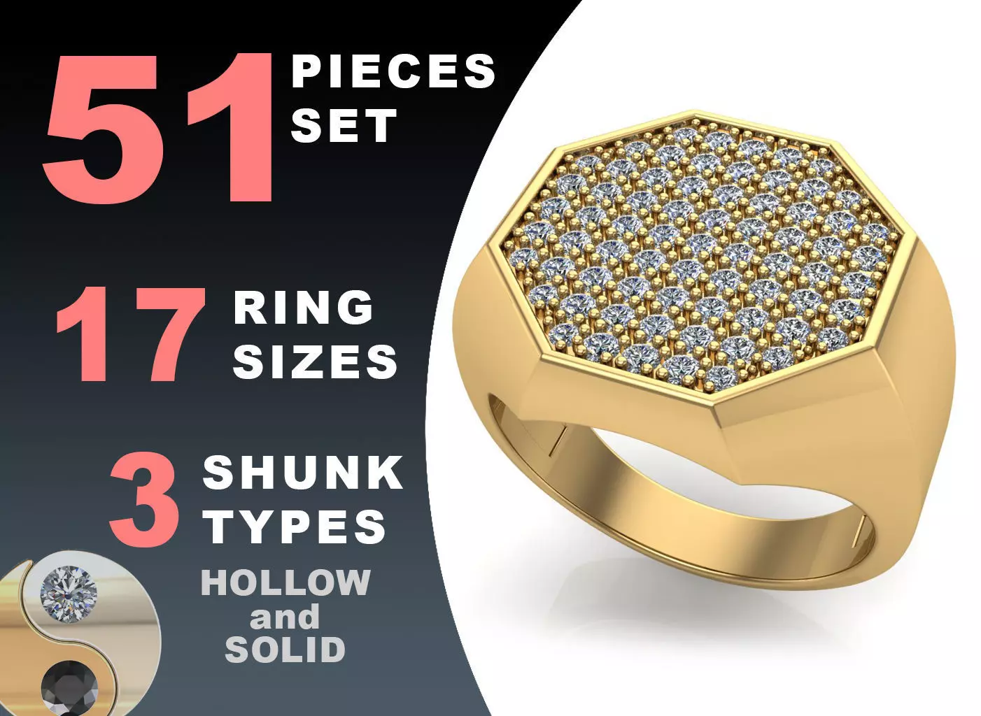 Signet rings set OCTAGON top 3D print model_0