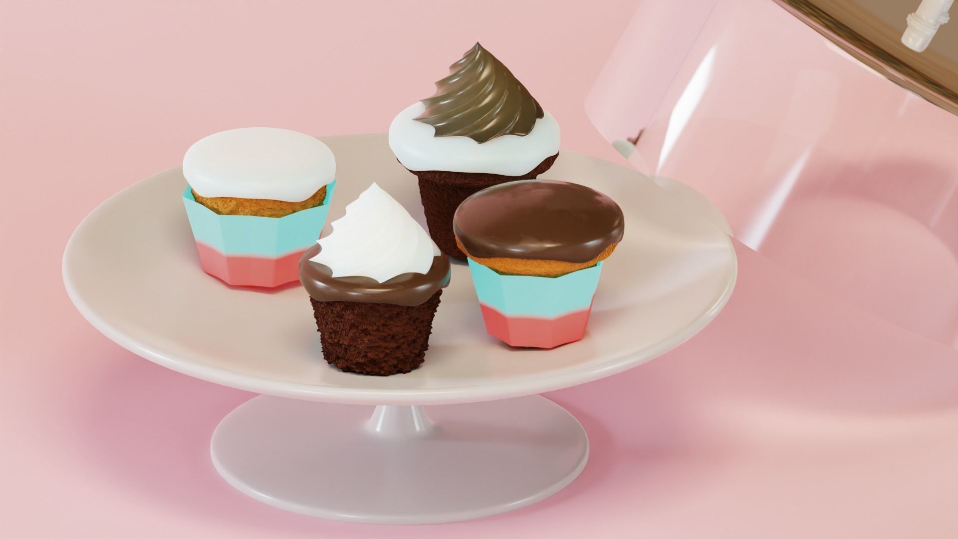 Cupcake Set ice cream cake in glass dome 3D model_7
