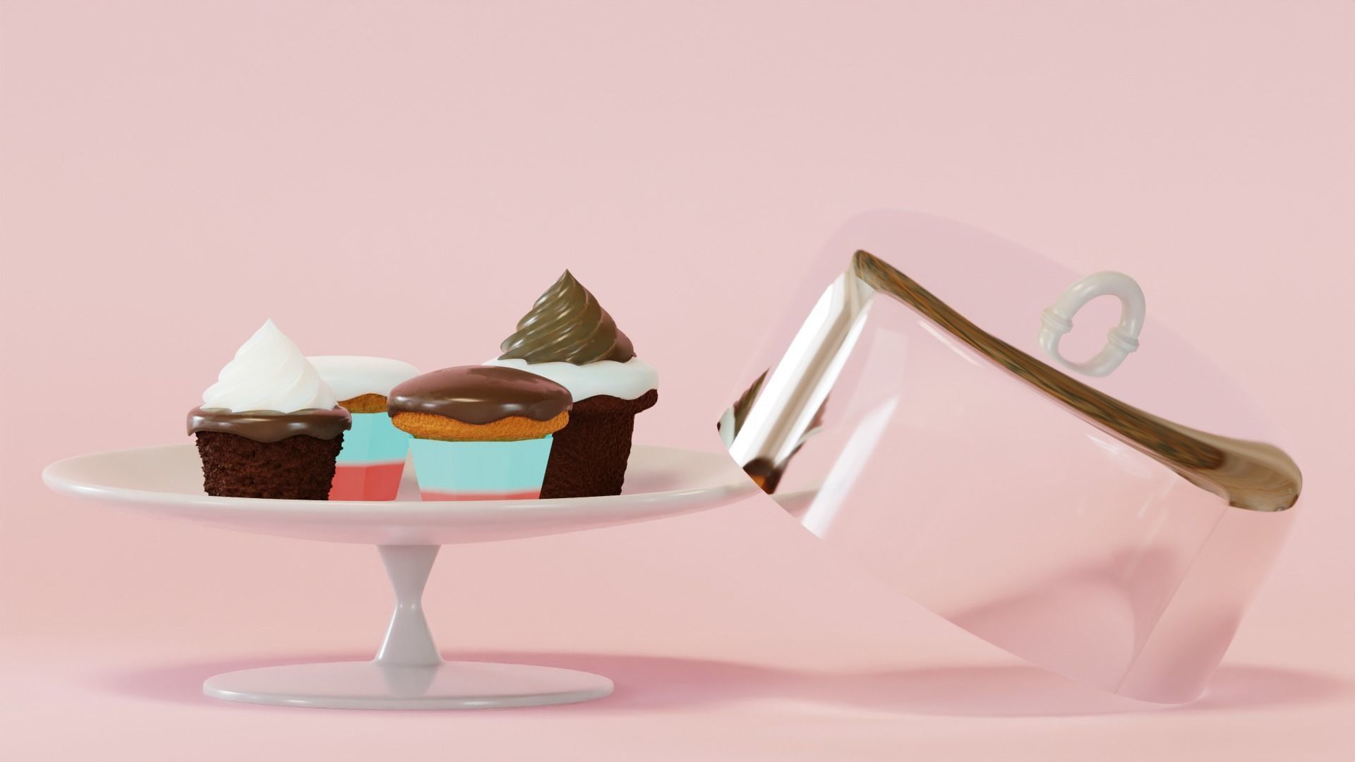 Cupcake Set ice cream cake in glass dome 3D model_5