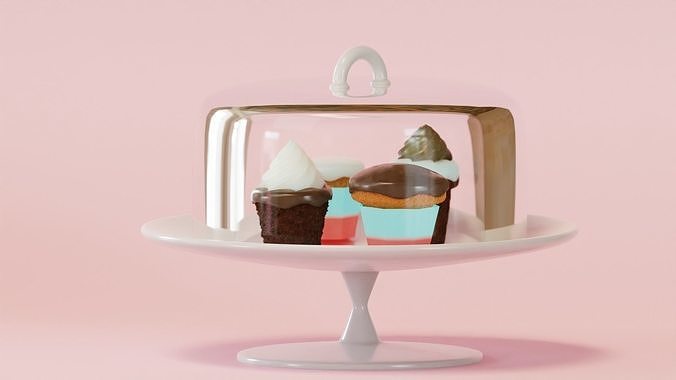 Cupcake Set ice cream cake in glass dome 3D model