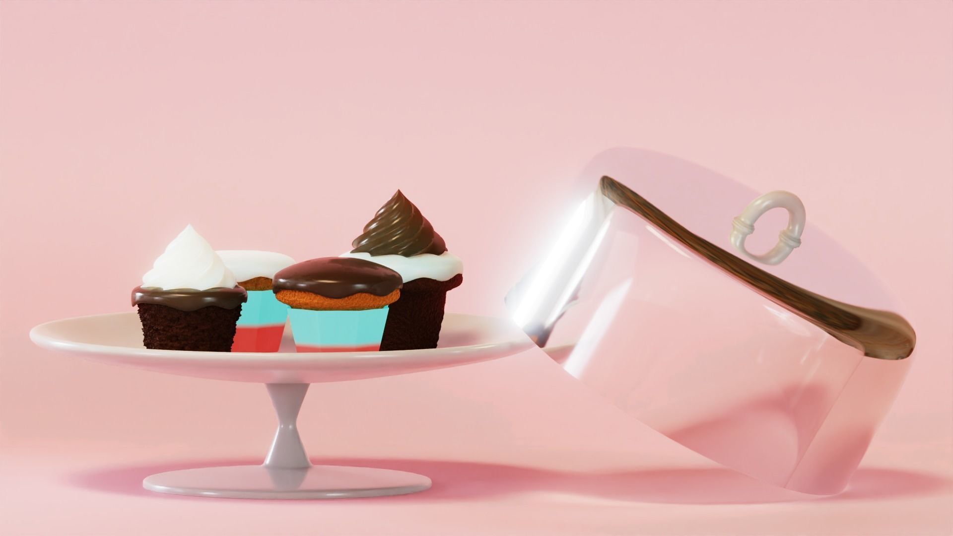 Cupcake Set ice cream cake in glass dome 3D model_1