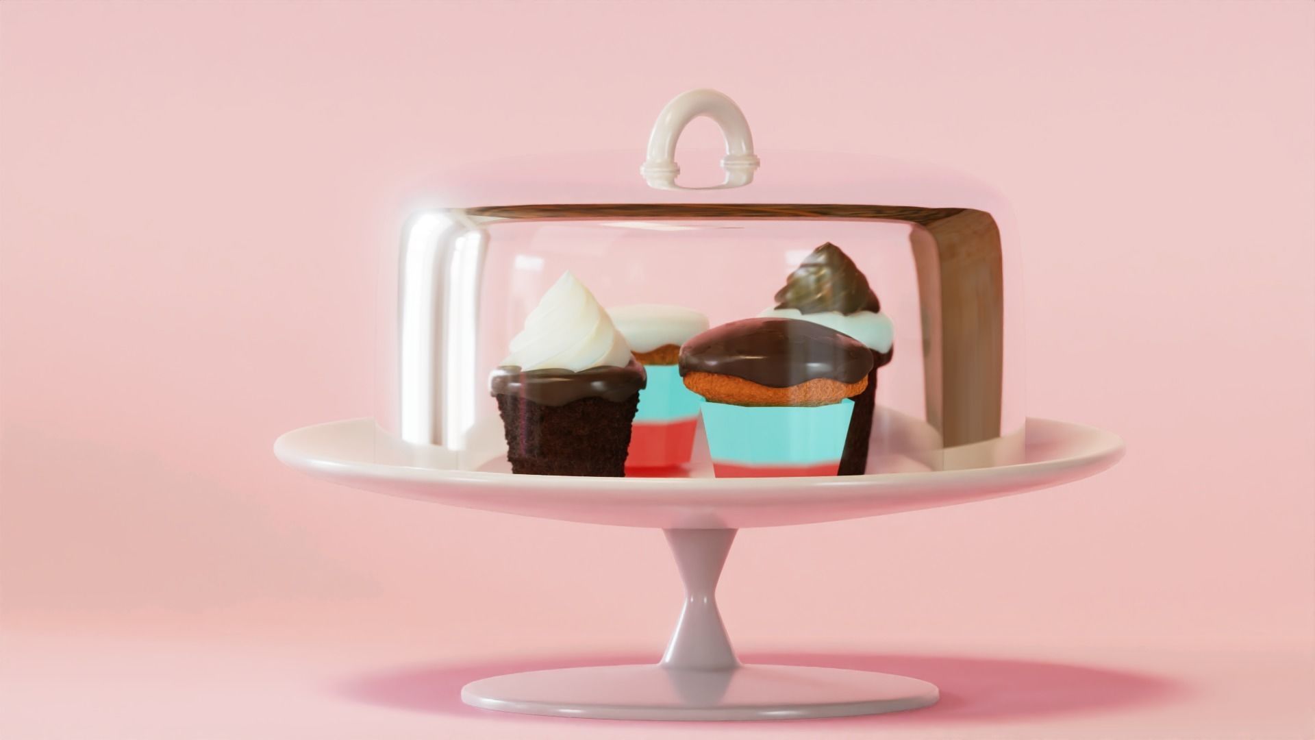 Cupcake Set ice cream cake in glass dome 3D model_4