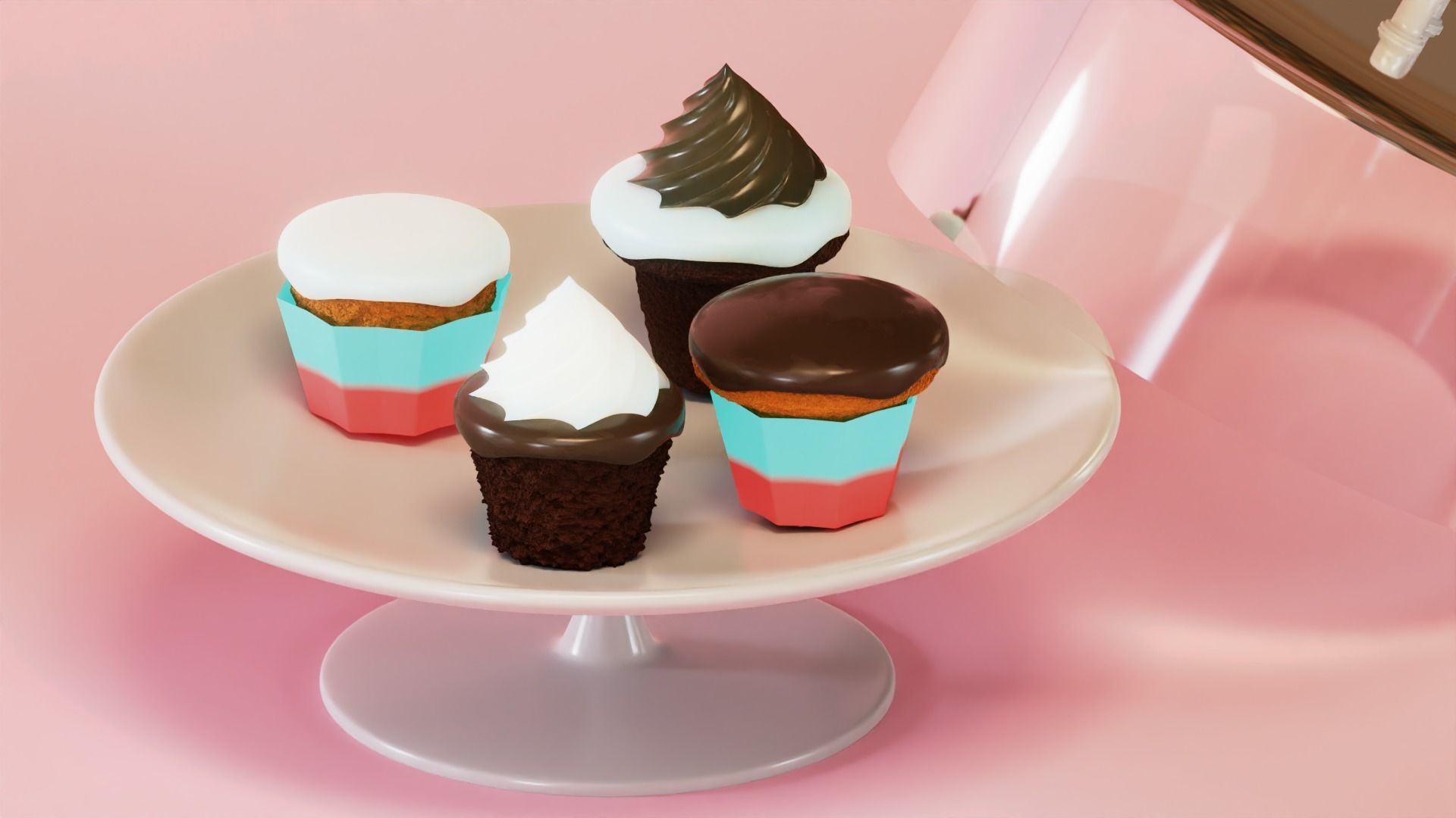 Cupcake Set ice cream cake in glass dome 3D model_3