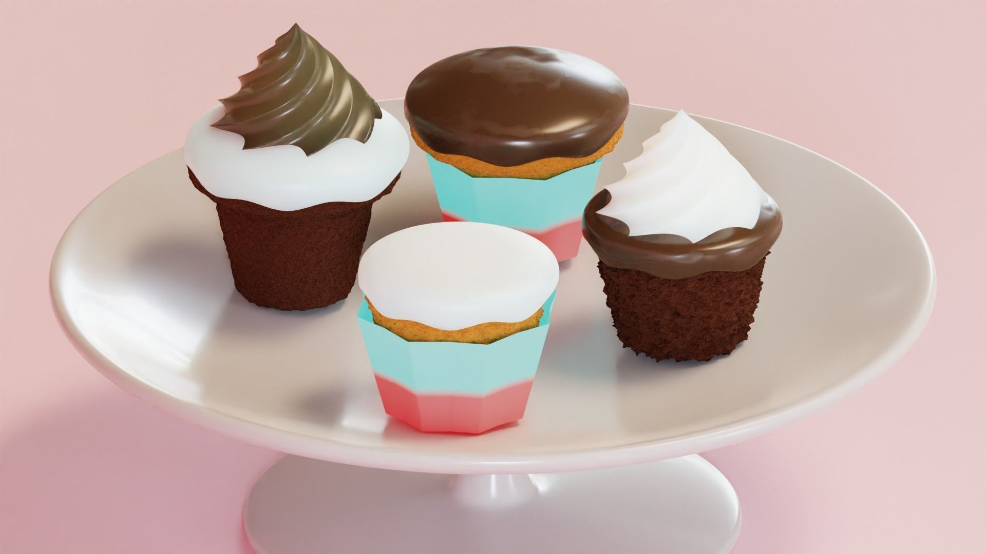 Cupcake Set ice cream cake in glass dome 3D model_6