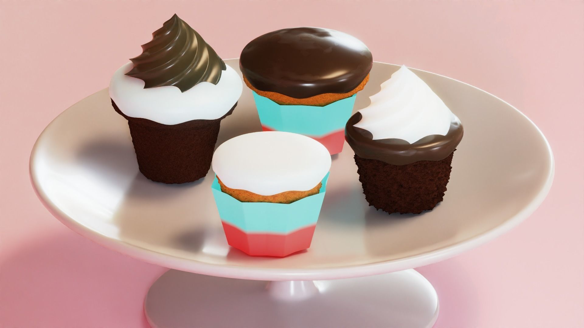 Cupcake Set ice cream cake in glass dome 3D model_2