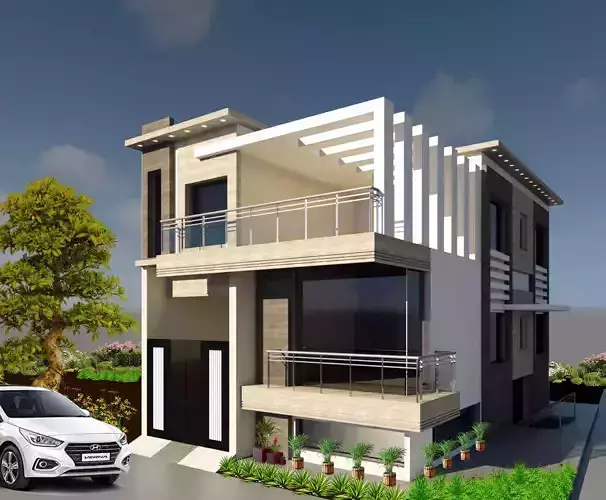 Residence modern house with car parked in front