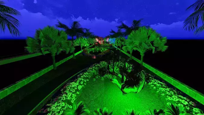 Landscape lit pathway with palm trees Low-poly 3D model