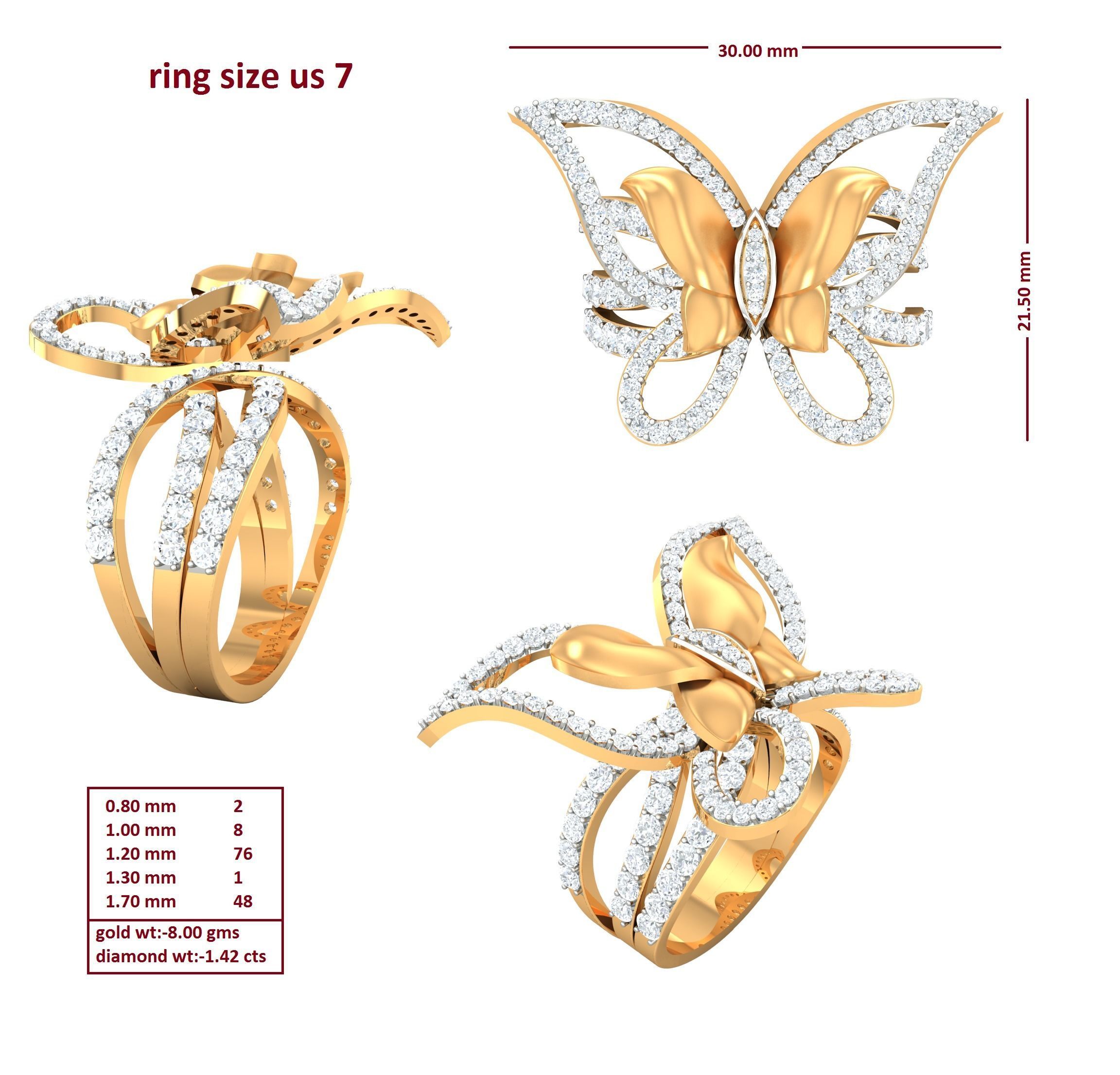 Women Butterfly Cocktail Diamond Ring 3dm stl Renders Details 3D print model_3