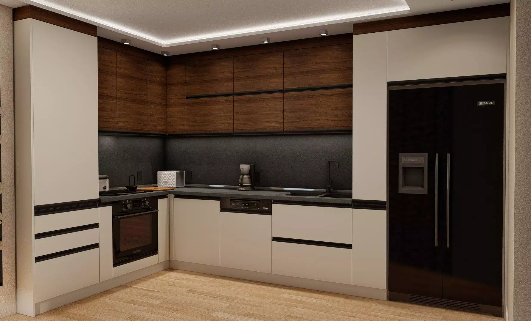 Kitchen modern with cabinets and appliances 3D model_0