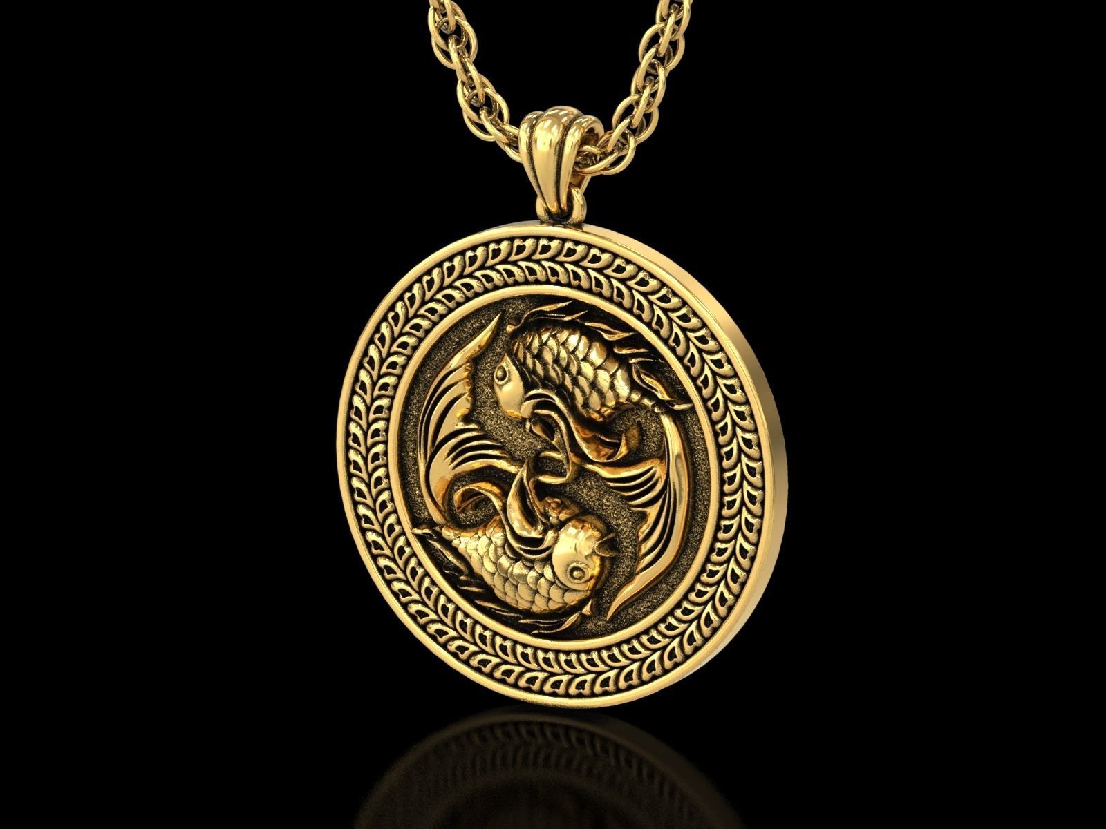 The Pisces Zodiac Sign Fishes Medallion Pendant v4 3D print model_6