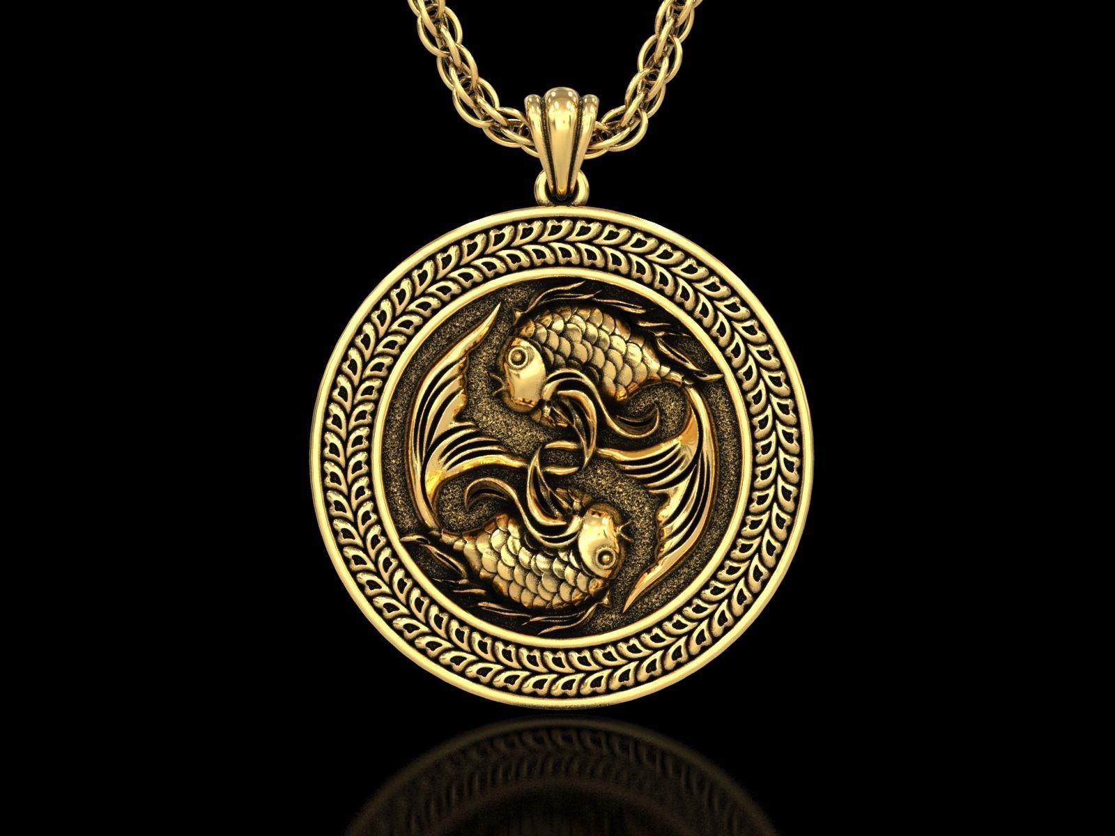 The Pisces Zodiac Sign Fishes Medallion Pendant v4 3D print model_2