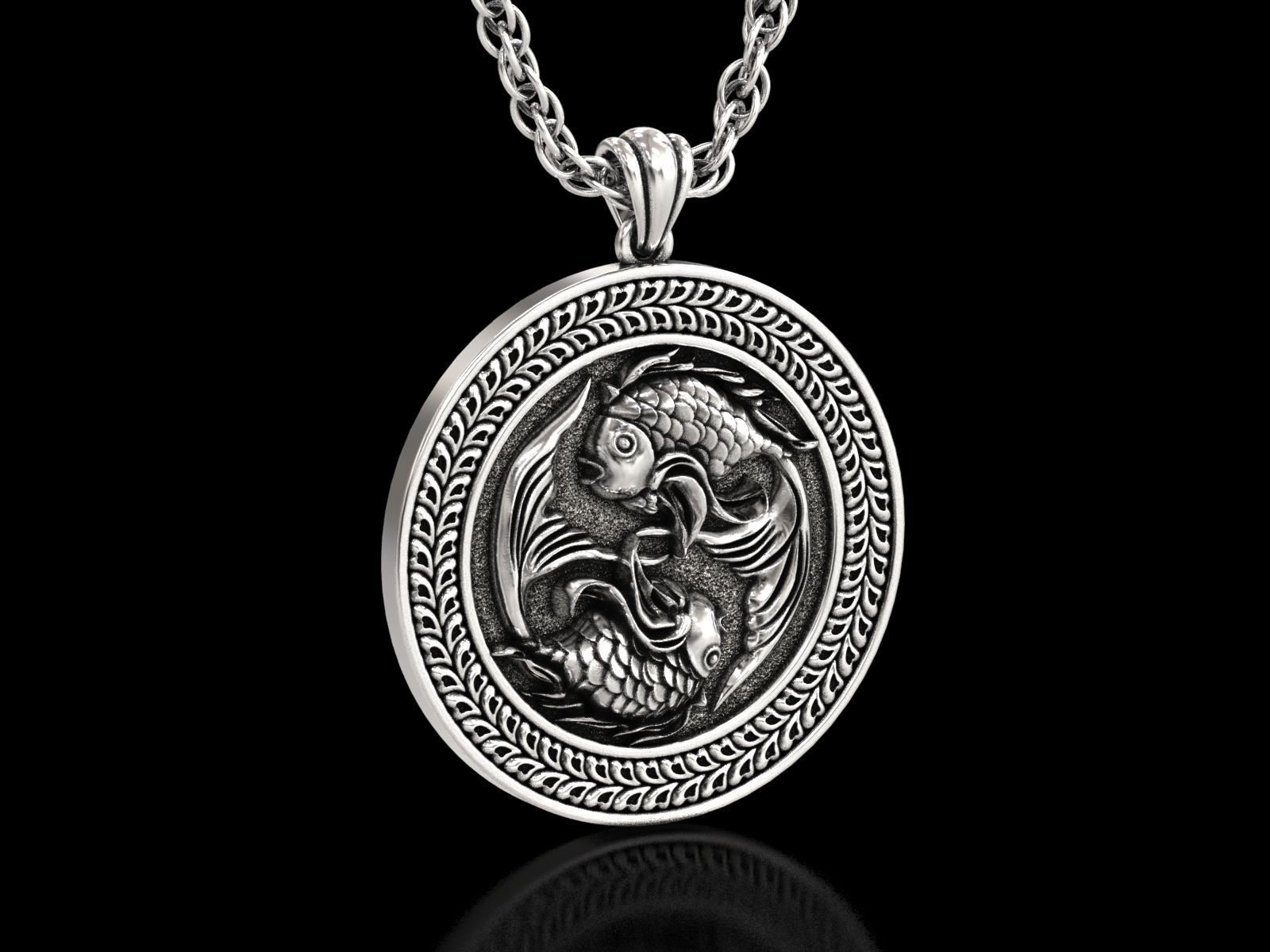 The Pisces Zodiac Sign Fishes Medallion Pendant v4 3D print model_16