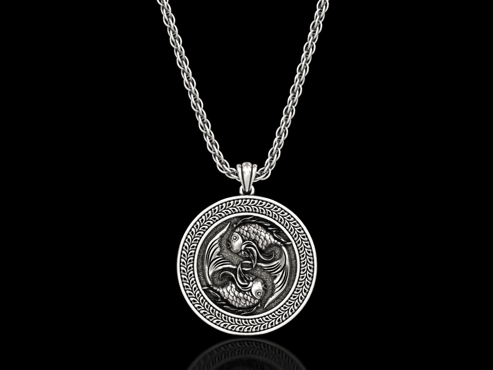 The Pisces Zodiac Sign Fishes Medallion Pendant v4 3D print model_12