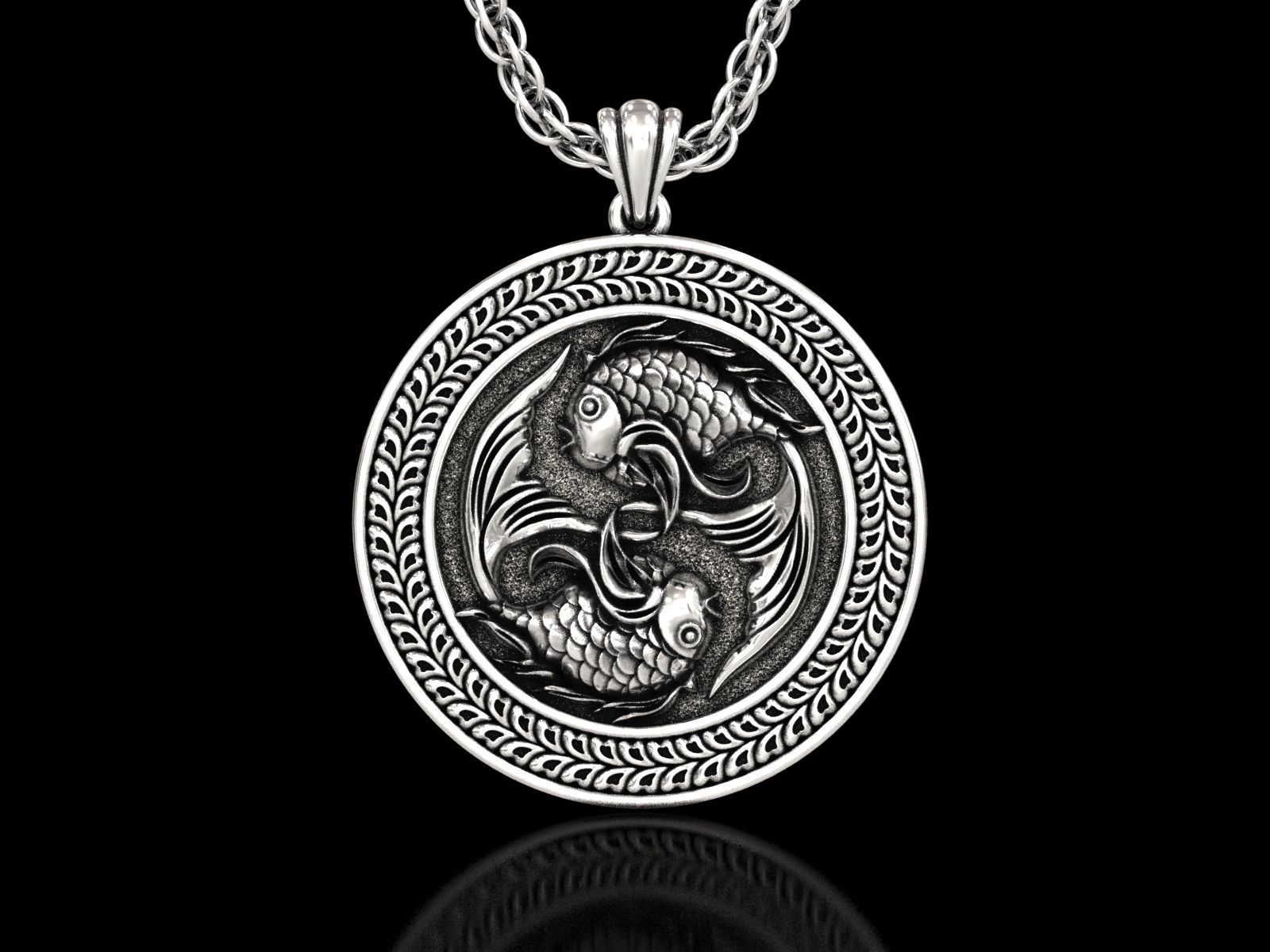 The Pisces Zodiac Sign Fishes Medallion Pendant v4 3D print model_1